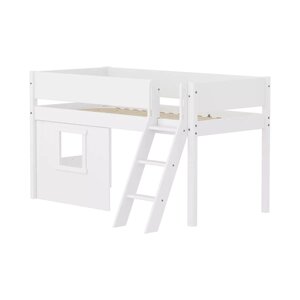 Flexa WHITE Lit mi-hauteur avec echelle inclinee 90 x 200 cm Facades cabane cadre blanc Barriere pleine Blanc