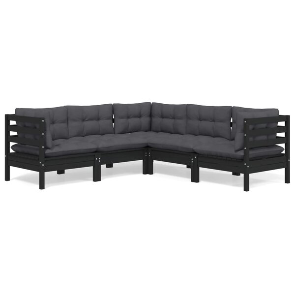 vidaXL Salon de jardin 5 Pièces avec coussins Noir Bois de pin solide