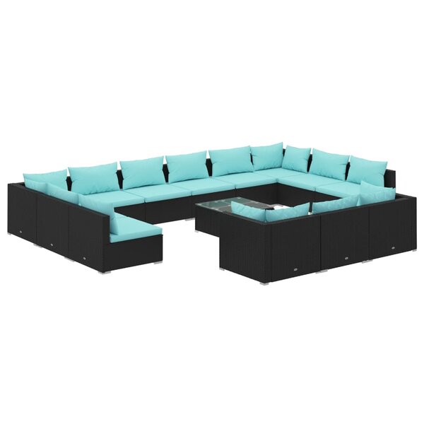 vidaXL Salon de jardin 14 Pièces avec coussins Noir Résine tressée