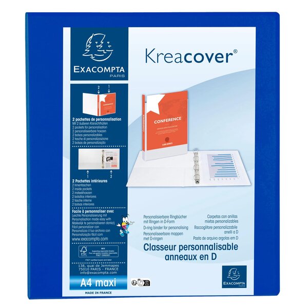 Classeur Pp Personnalisable Kreacover - 4 Anneaux En D 40mm - A4 Maxi - Bleu - X 10 - Exacompta