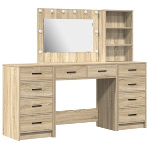 Set de table de maquillage 3 pièces avec LED en bois d'ingénierie chêne Sonoma
