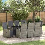 vidaXL Ensemble de salle à manger de jardin de 9 pièces avec coussins gris en poly rattan