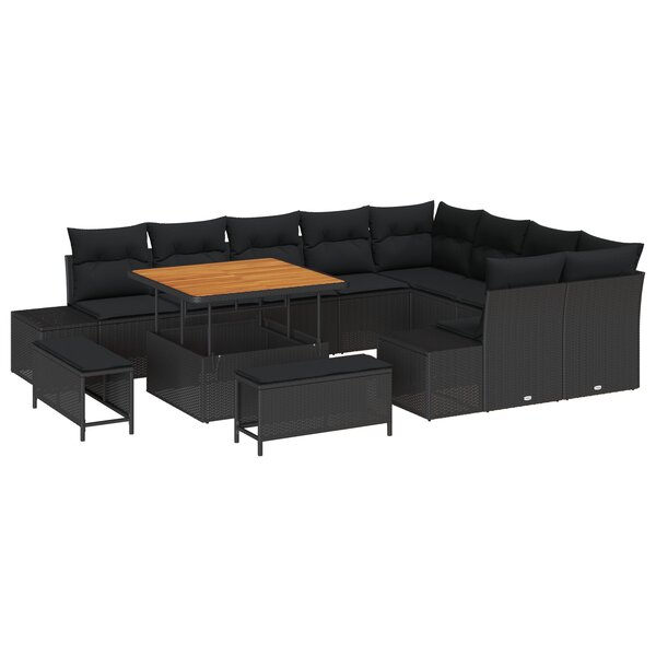 Ensemble de Canapés de Jardin 12 Pièces avec Coussins Noir Poly Rotin Acacia