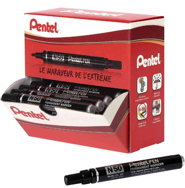 Pack de 36 marqueurs permanents corps métal N50 pointe ogive encre noire PENTEL