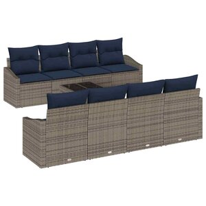 vidaXL Ensemble de Canapés avec coussin 9 Pièces Gris et marine polyrotin