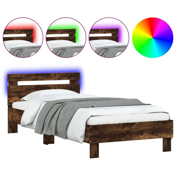vidaXL Cadre de lit tête de lit et lumières LED chêne fumé 75x190 cm