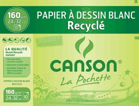 Pochette de 10 feuilles de papier dessin recyclé 160g 24x32 cm Blanc CANSON