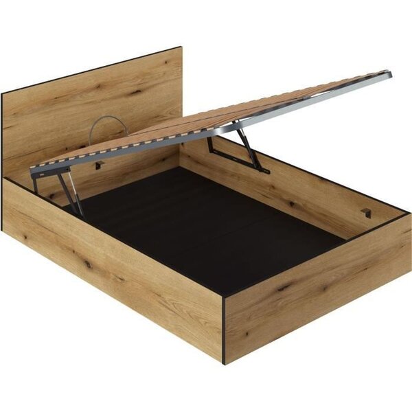 Lit Coffre 140 x 190 en bois + Tête de lit - chêne Rustique - Sommier à lattes inclus - 140 x 193 x 80 cm