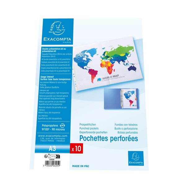 Sachet 10 Pochettes Perforées Polypropylène Lisse A3 Pliées - Incolore - X 5 - Exacompta