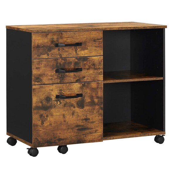 Caisson 3 tiroirs meuble rangement bureau avec compartiments ouverts sideboard pour format a4 documents support d'imprimante style industriel 80 cm marron rustique et noir 12_0002403