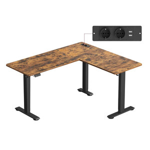 Bureau électrique réglable en hauteur table d’angle 140 x 160 cm avec multiprise fonction mémoire 2 hauteurs pour télétravail marron 12_0004614