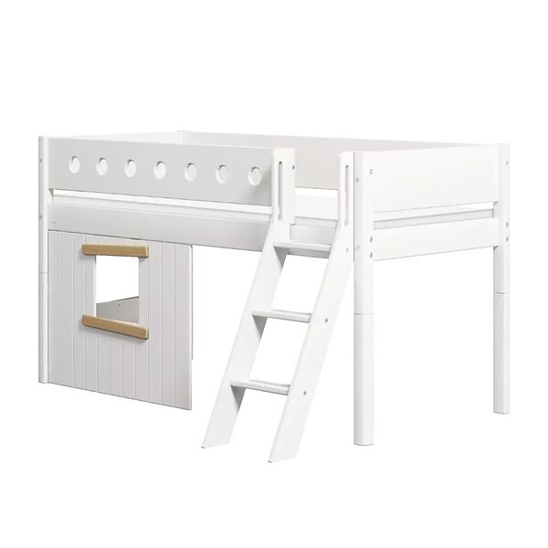 Flexa WHITE Lit mi-hauteur avec echelle inclinee 90 x 200 cm Facades cabane cadre chene Barriere de securite classique Blanc et chene