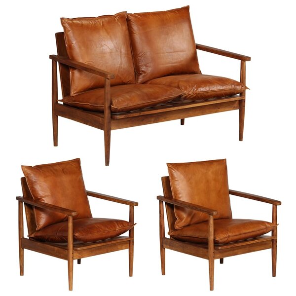 vidaXL Ensemble de canapés 3 Pièces Cuir véritable Bois massif d'acacia