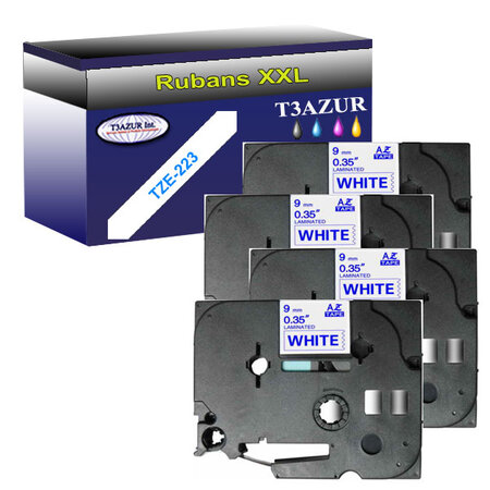 4 x Rubans d'étiquettes laminées générique Brother Tze-223 pour étiqueteuses P-touch - Texte bleu sur fond blanc - T3AZUR