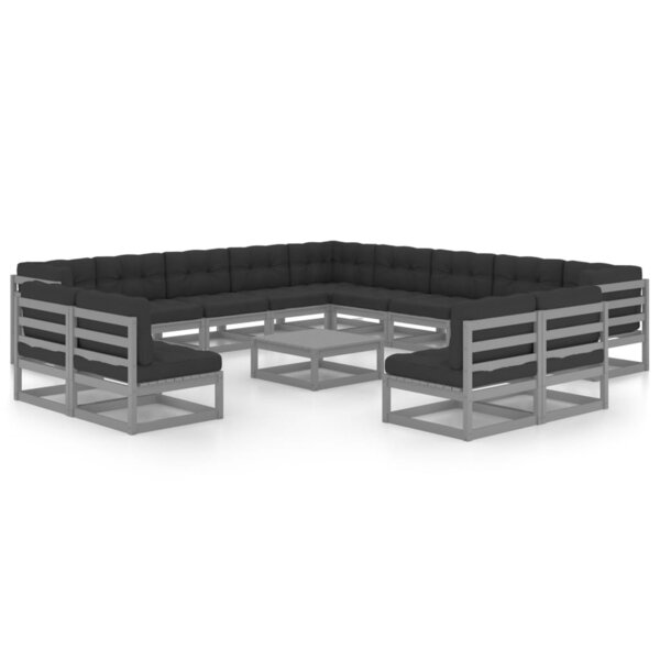 Salon de jardin meuble d'extérieur ensemble de mobilier 14 pièces avec coussins gris bois de pin massif 02_0015837