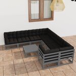 vidaXL Salon de jardin 9 Pièces avec coussins Gris Bois de pin massif