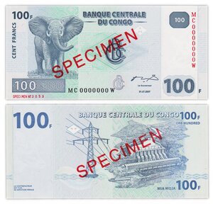 Billet de Collection 100 francs 2007 Congo - Neuf - P98A - SPECIMEN - giesecke & devrient - RDC