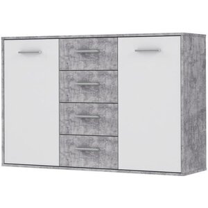Buffet bas 2 portes 4 tiroirs - Blanc et béton gris clair - PILVI - L 122,6 x P 34,2 H 88,1 cm