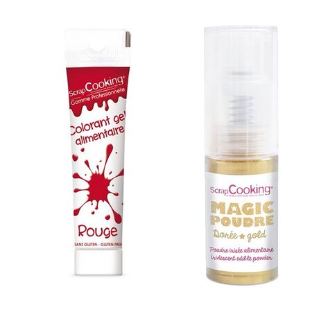 Gel colorant alimentaire rouge 20 g + Poudre alimentaire irisée dorée