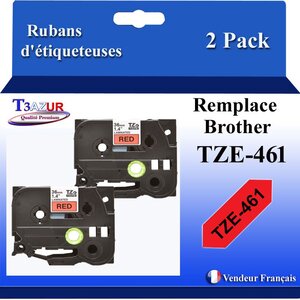 2x Rubans d'étiqueteuses compatibles avec Brother Tze461  Tze-461 pour étiqueteuses P-touch - Texte noir sur fond rouge- T3AZUR