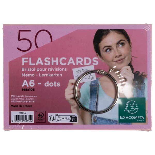 Paquet De 50 Flashcards Sous Film + Anneau - Bristol Dots Perforé - Format A6 - Rose - Exacompta