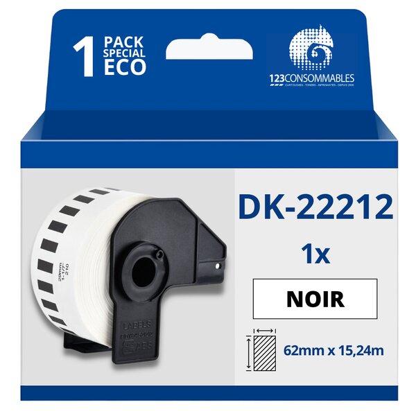 Étiquettes compatibles Brother DK22212 - Largeur 62 mm x 15 24 mètres - Texte noir sur fond blanc