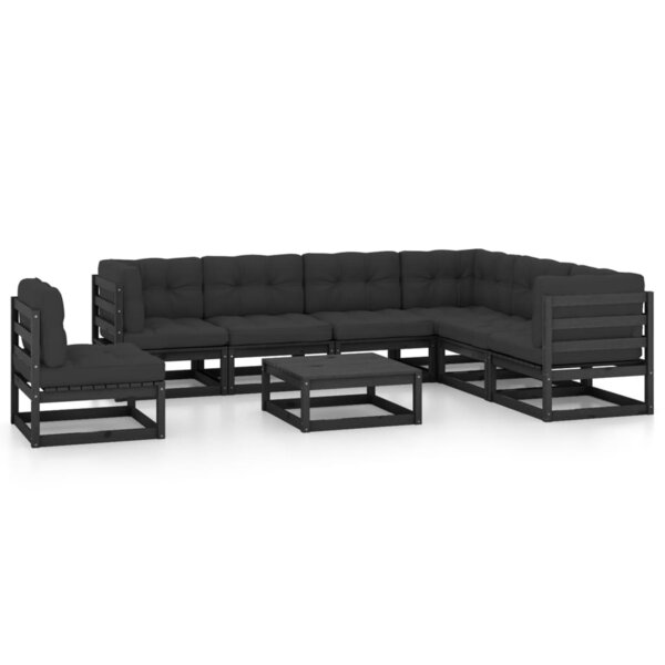vidaXL Salon de jardin 8 Pièces avec coussins Noir Bois de pin massif