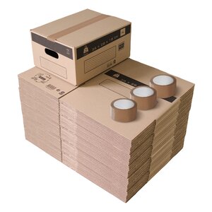 Pack and Move - Lot 50 Cartons Déménagement Stockage S - 36 x 28 x 18 cm - Poignées renforcées - 3 adhésifs offerts