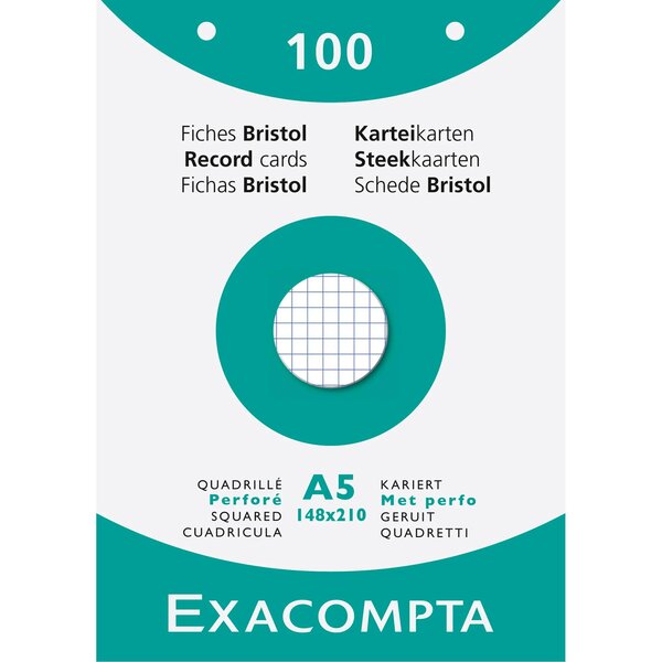 Étui De 100 Fiches - Bristol Quadrillé 5x5 Perforé 148x210mm - Blanc - X 10 - Exacompta