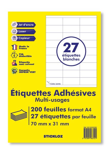 200  planches a4 - 27 étiquettes 70 mm x 31 mm autocollantes blanche par planche pour tous types imprimantes - jet d'encre/laser/photocopieuse
