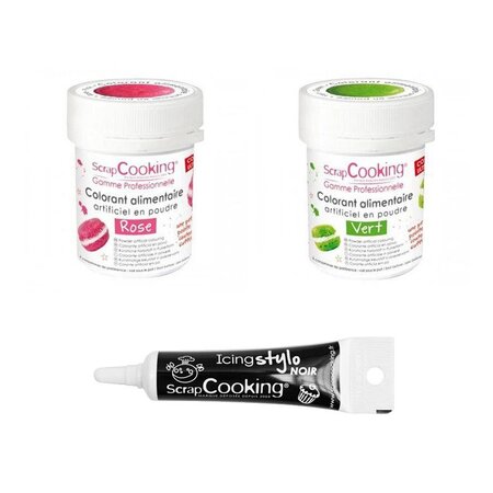 2 colorants alimentaires vert-rose + Stylo glaçage noir