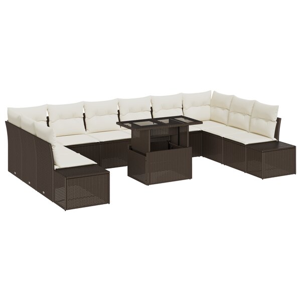 vidaXL Set de jardin 11 pièces avec coussins en poly rotin marron