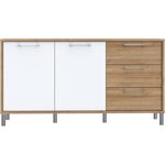 Buffet - Chene riviera et blanc brillant - Classique - 2 portes - NORTH PINE - L 159,2 x P 42 x H 84 cm - Poignées en métal