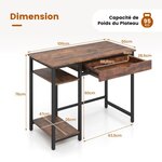 Bureau d'ordinateur avec tiroir poste de travail informatique industriel de 100 cm avec étagère réglable avec crochets brun rustique 20_0007984
