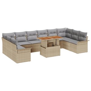 vidaXL Ensemble salle à manger jardin 11 pièces avec coussins beige poly rattan acacia