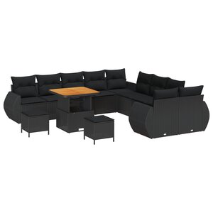 Ensemble de canapés de jardin de 13 pièces avec coussins noir poly rotin acacia