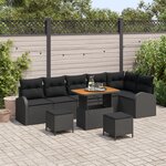 Ensemble de canapés de jardin 9 pièces avec coussins noir polyrotin acacia