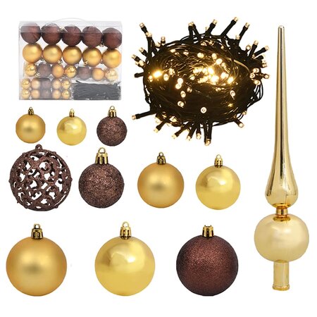 vidaXL Set de boules de Noël avec pic et 150 LED 61 Pièces Doré et bronze