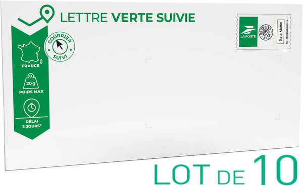 Prêt-à-Poster - Lettre verte suivie - 20g - Enveloppes en lot de 10