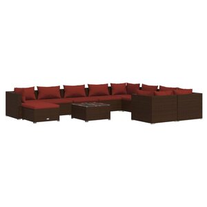 Salon de jardin meuble d'extérieur ensemble de mobilier 11 pièces avec coussins résine tressée marron 02_0015434