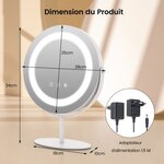 Miroir maquillage rond 25cm lumière led réglable écran tactile rotation à 360° fonction mémoire support en métal blanc 20_0005049