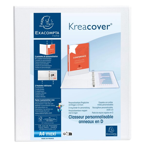 Classeur Personnalisable Rigide 2 Poches Kreacover - 2 Anneaux En D 40mm - A4 Maxi - Blanc - Exacompta