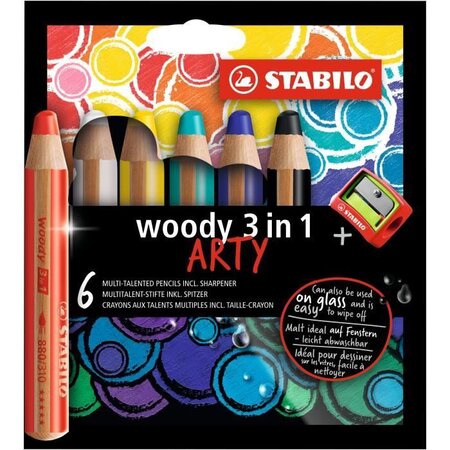 Etui carton x 6 crayons multi-talents stabilo woody 3in1 arty + 1 taille-crayon