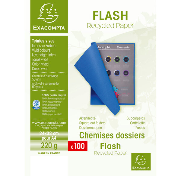 Paquet de 100 chemises FLASH 220 100% recyclé 24x32cm Rouge EXACOMPTA