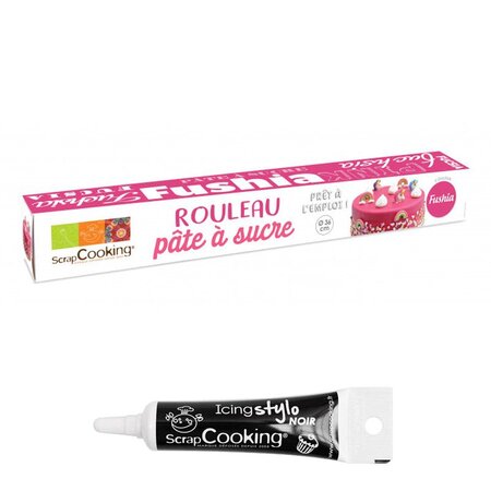 Pâte à sucre en rouleau Fuchsia 430 g + Stylo de glaçage noir