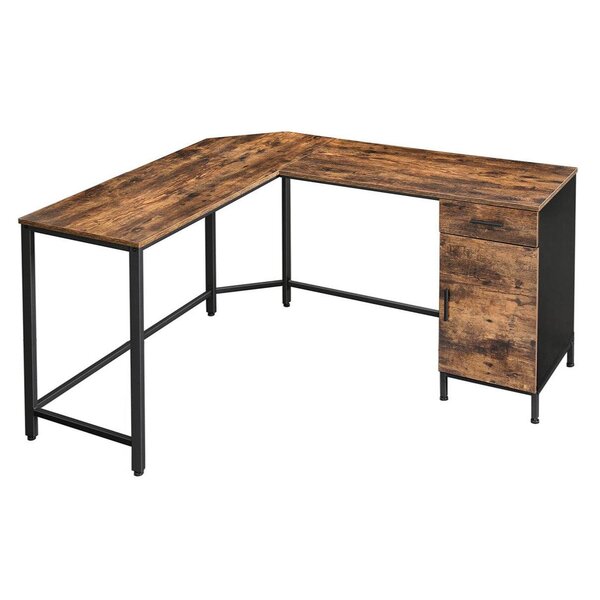 Bureau d'angle table en forme de l avec placard de rangement et tiroir peu encombrant montage facile cadre en acier style industriel marron rustique et noir 12_0001331