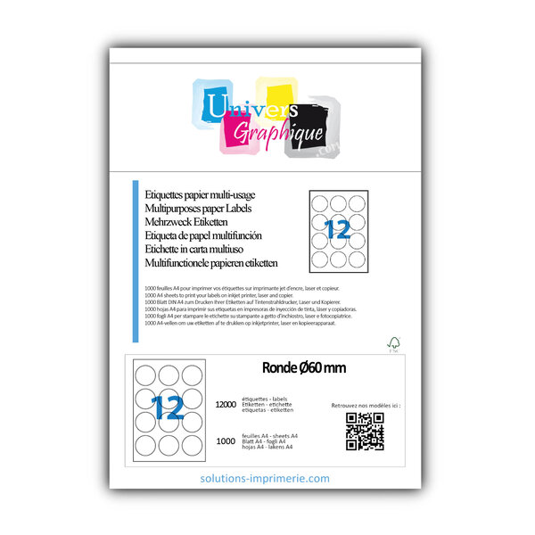 Lot de 1000 planches a4 de 12 étiquettes à bords vifs rondeø60 mm en papier blanc 70g/m² multifonction