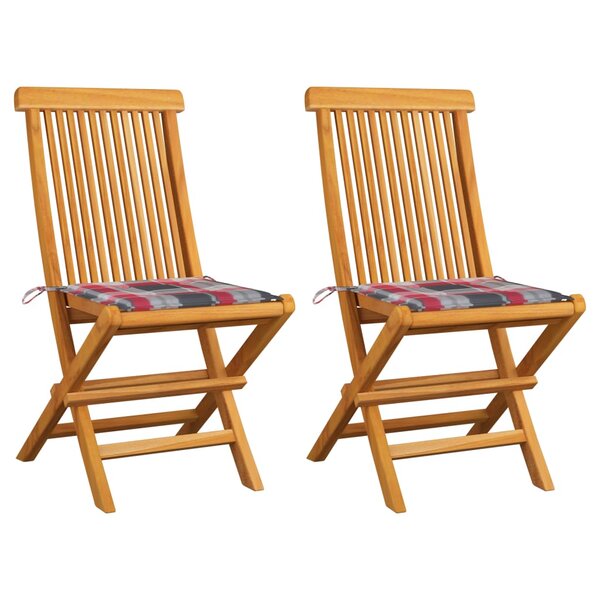 vidaXL Chaises de jardin lot de 2 avec coussins à carreaux rouge Teck