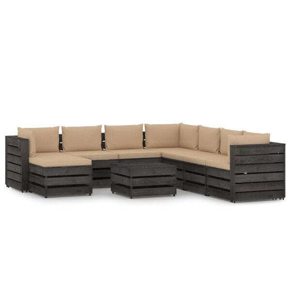 vidaXL Salon de jardin 9 Pièces avec coussins gris bois imprégné