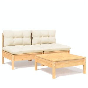 Salon de jardin meuble d'extérieur ensemble de mobilier 3 pièces avec coussins crème bois de pin 02_0015960